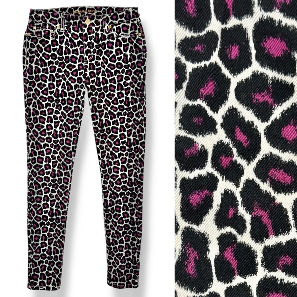 Michael Kors Leopard Print Skinny‎ Jeans Size 0 Pink & Black White Gold Mob Wife